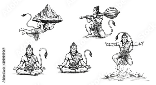 Hindu deity hanuman character set in traditional sketch style