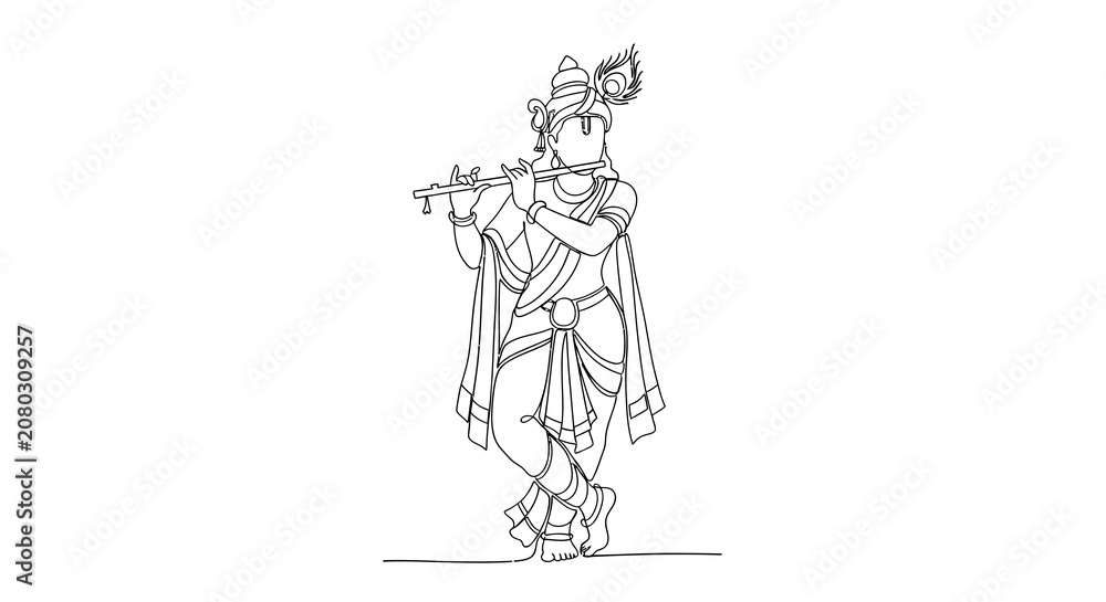 Fototapeta premium Lord krishna playing flute in minimal line art style