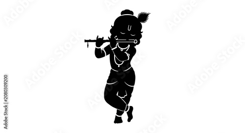 Young deity silhouette playing traditional flute with peacock feather