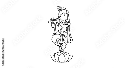 Hindu deity krishna playing flute on a lotus flower line art