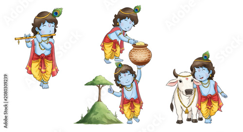 Little krishna cartoon characters playing flute and eating butter