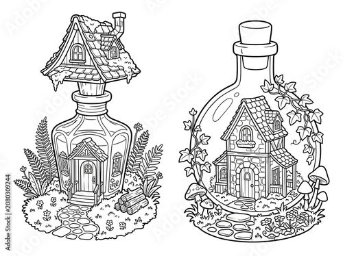 Fairy house inside glass bottles collection featuring magical fantasy cottages for creative adult coloring book pages