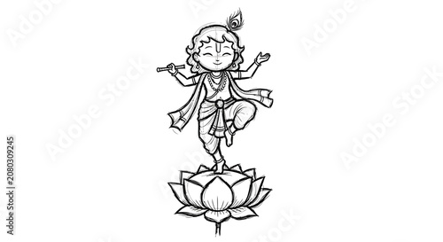 Little krishna character dancing on a lotus with flute sketch