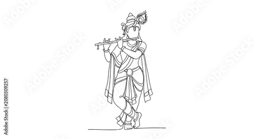Lord krishna playing flute in minimal line art style