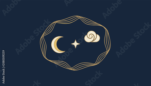 Elegant golden line art of a moon, star, and swirling cloud framed by swirling lines on a deep navy blue background for design art.