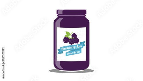Glass jar of homemade blackberry jam with a decorative label featuring fresh blackberries on a clean white background for a rustic look.