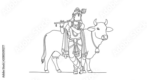 Krishna standing with sacred cow playing flute minimalist line art