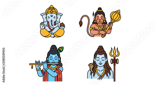 Simple cartoon hindu gods set featuring divine characters
