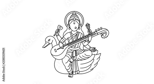 Hindu goddess saraswati playing veena while sitting on a swan