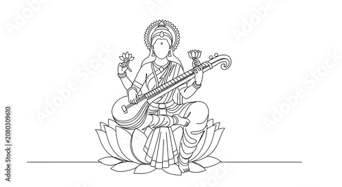 Hindu goddess of wisdom playing veena on lotus flower