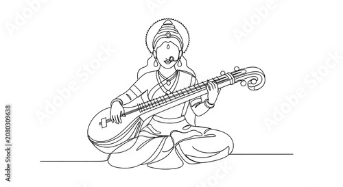 Hindu goddess saraswati playing veena in minimalist line art style