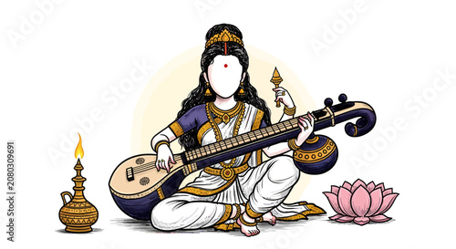 Goddess saraswati playing the veena with lotus flower and oil lamp