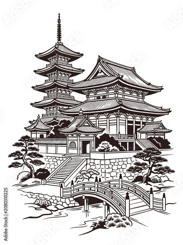 Japanese pagoda temple building with a stone bridge and pine trees in a black ink style