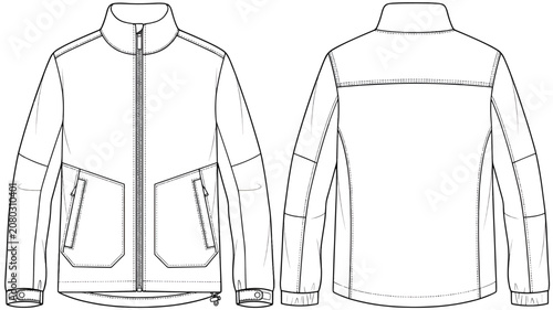 denim jacket tech pack, jacket vector template, jean jacket flat sketch, fashion technical drawing, apparel design template, outerwear flat sketch, denim jacket front back, clothing line art, jacket m
