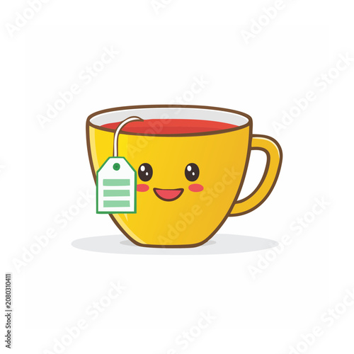 Smiling Yellow Tea Cup with Tea Bag Vector Illustration