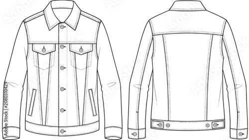 Denim Jacket Technical Sketch Vector Template Front and Back View