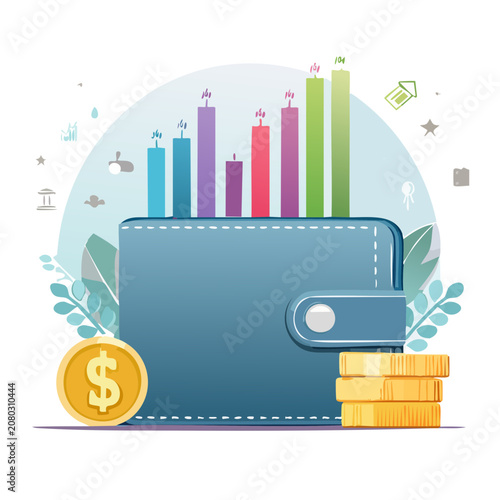 Wallet with coins and bar chart finance illustration