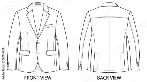 Men's Suit Jacket Technical Flat Sketch Vector Template Front and Back View