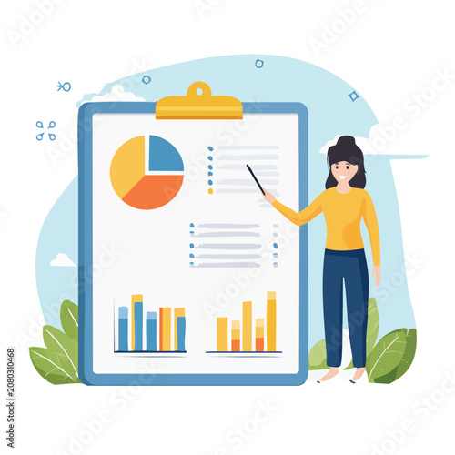 Woman presenting data on clipboard with charts