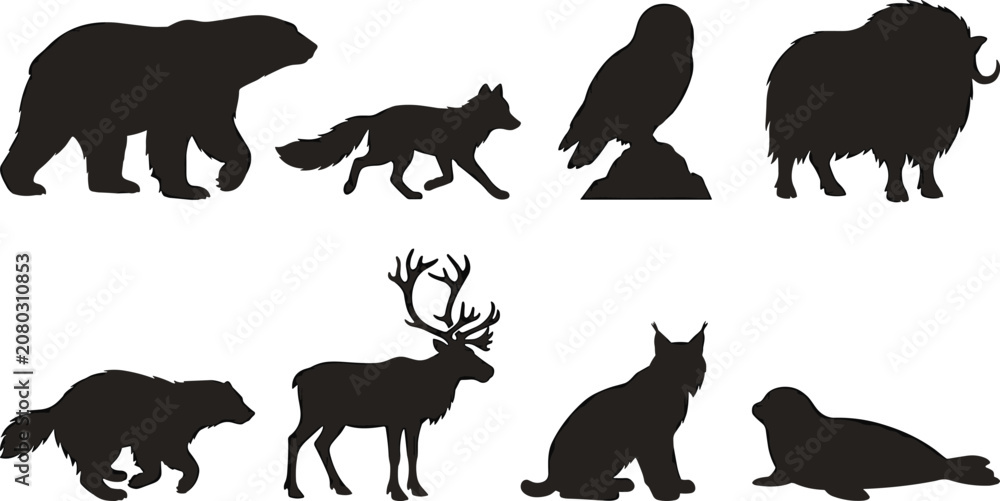 Fototapeta premium Silhouette Icon Set of Arctic Wildlife Animals for Nature and Educational Design Projects