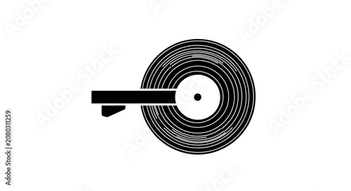 Black and white of a spool of thread with a needle sewing