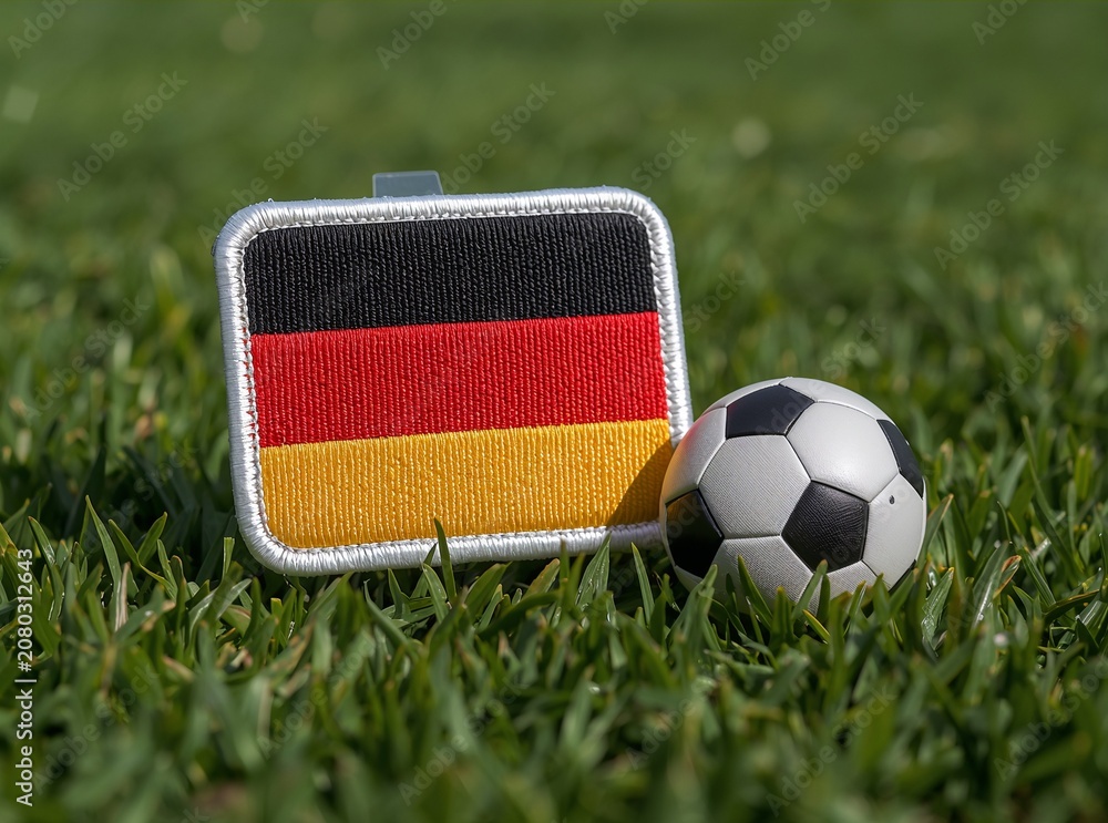 Fototapeta premium A German flag embroidered patch and a mini soccer ball resting on green grass. High-resolution close-up of sports memorabilia.