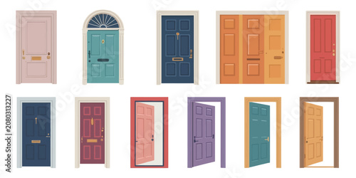 Fotografía Open and closed door vector artwork, playful cartoon entrances with handles and frames for home exterior, architecture illustrations, interior concepts, and creative design projects