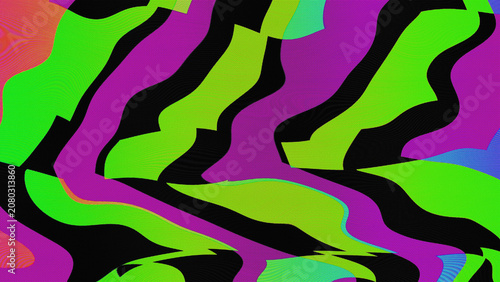 Fotografia Neon lime green and magenta glitch halftone with distorted ribbons and datamosh dot breakup on black