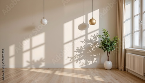 Serene Modern Interior with Pastel Walls and Warm Sunlight