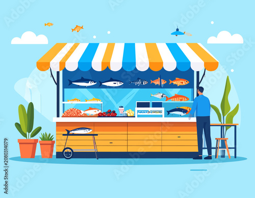 Foto Seafood market stall with fresh fish displayed on a counter and a seller waiting