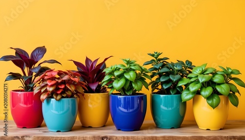 Colorful Potted Plants Wooden Surface Against Yellow Background