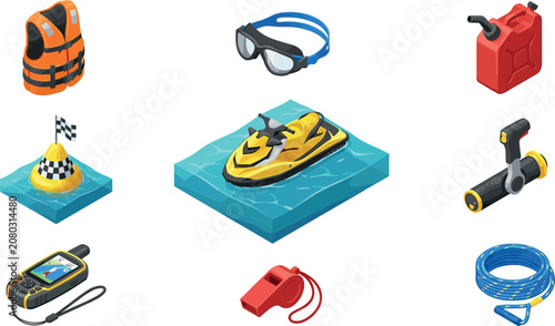 Принти на полотні Isometric Jet Ski Water Sports Icon Set with Life Vest, Goggles, Fuel Can, Race