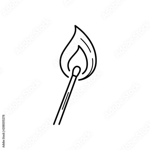 Foto Burning match with flame black line drawing on white background