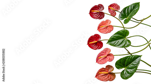 Elegant red and pink anthurium flowers with vibrant green leaves, beautifully arranged for design flexibility.