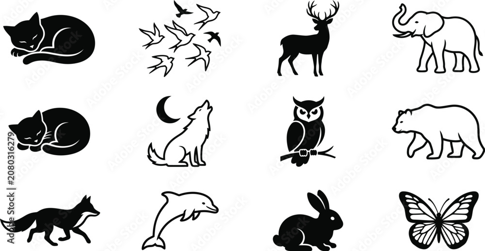 Obraz premium Black and white animal silhouettes set