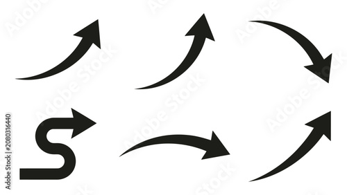 Black Arrow Icons Set Featuring Curved And Winding Shapes In Minimalist Style