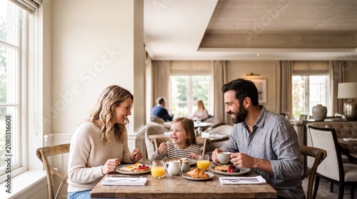 A happy family enjoys a delicious breakfast together, sharing laughter and smiles around a sunlit table. The scene evokes warmth, connection, and the simple pleasures of a shared meal.