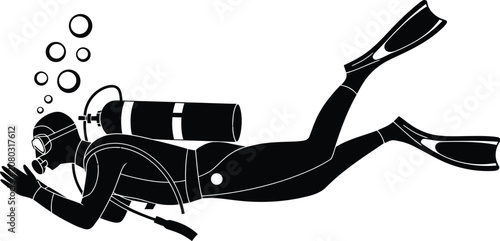 Fotografie Scuba diver silhouette, underwater diving scene with air bubbles for aquatic recreation, marine tourism, and ocean adventures worldwide