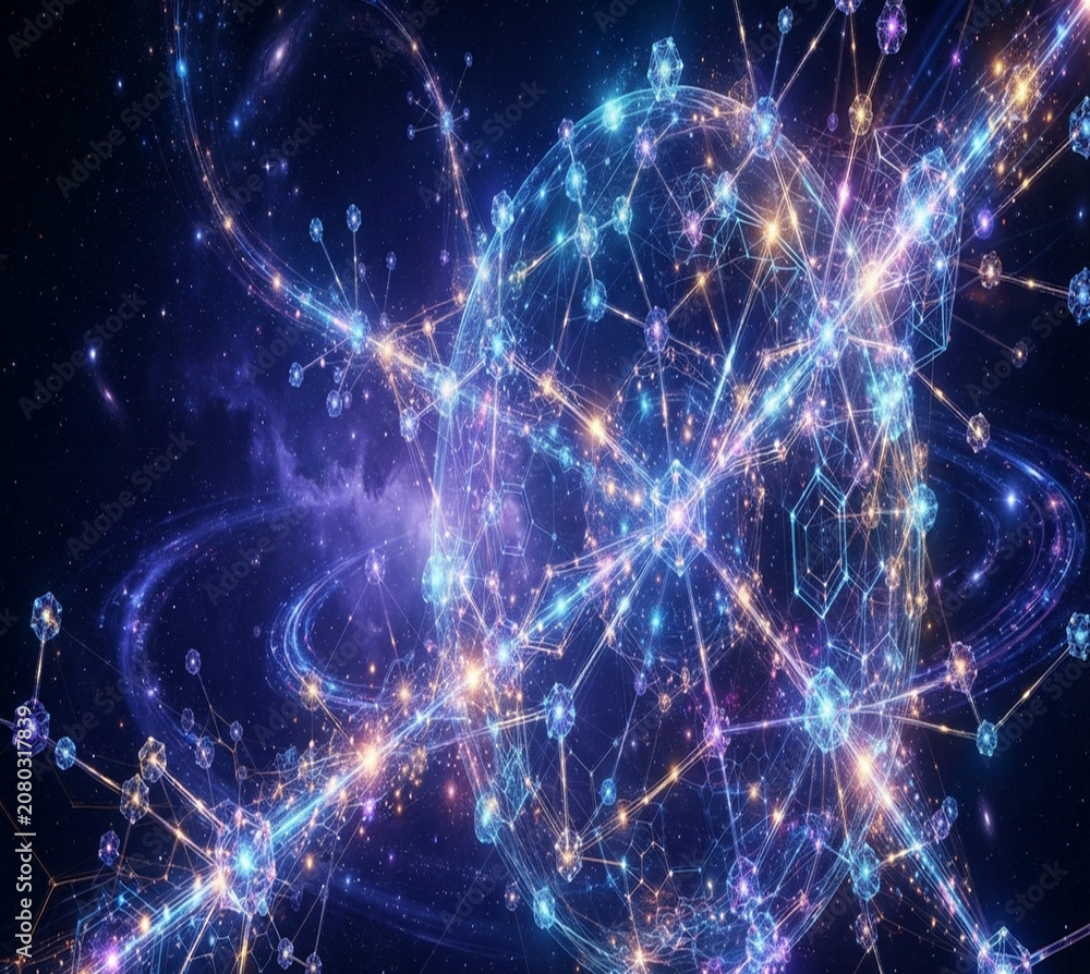 Fototapeta premium Radiant connection nodes form intricate geometric neural patterns