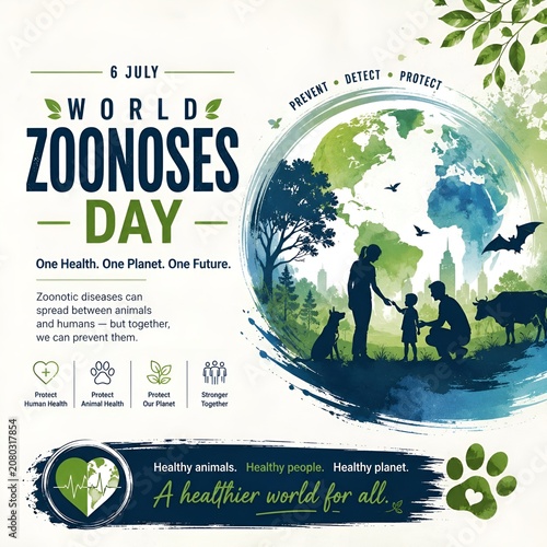 World zoonoses day awareness poster concept with one health one planet global theme