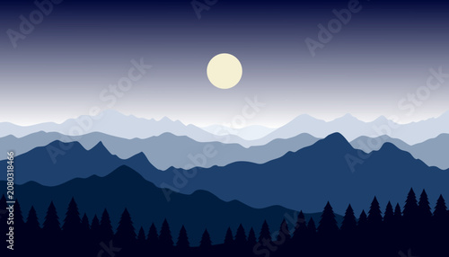 A minimalist night landscape illustration shows layered blue mountains under a large pale full moon, with dark pine trees silhouetted in the foreground against a gradient twilight sky.
