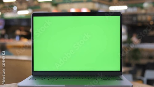 Laptop with green screen sits on wooden table. Background shows blurred cafe or office area. Soft ambient lighting creates calm atmosphere. Ideal for digital content, presentations, or video editing