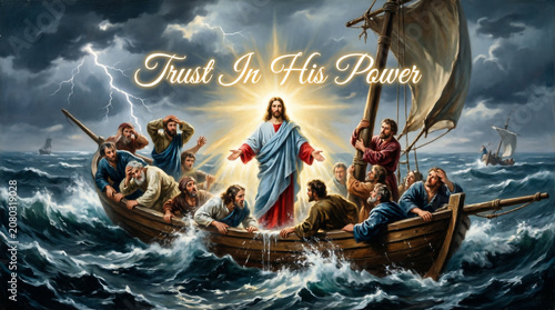 Jesus calms the raging storm within this world class Christian devotional art bringing us hope.