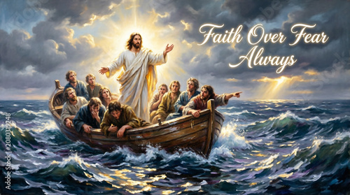 Jesus calms the raging storm within this world class Christian devotional art bringing us hope.