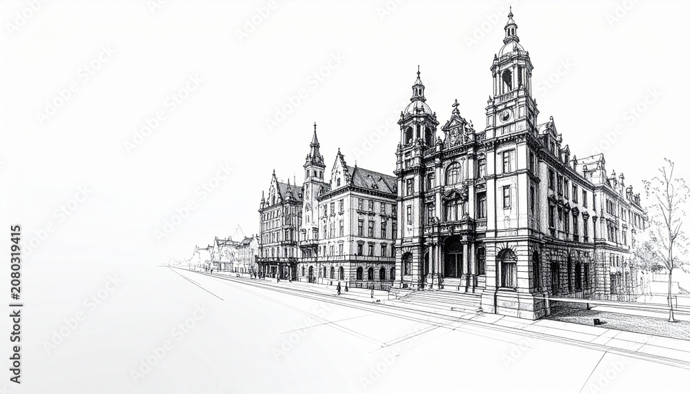 Fototapeta premium Hand Drawn Architectural Pencil Sketches of Classic and Modern Buildings with Detailed Shading Clean Composition and Generous Copy Space for Branding Marketing and Editorial Use