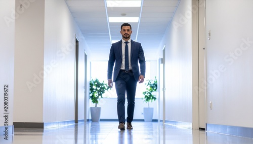 A man walking down a modern office hallway.