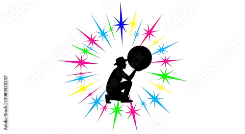Black silhouette of a woman with multicolored explosion of light rays around her head