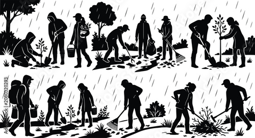 Obraz na płótnie People planting trees in rainy weather