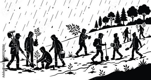 Photos People planting trees on a rainy hillside