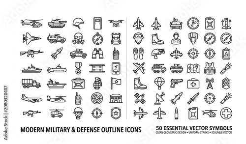 Canvastavla Military Line Icon Pack with Army Defense and Tactical Equipment Symbols
